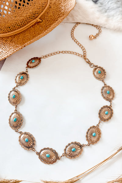 Vibing Loud Turquoise Stone Concho Chain Belt (Gold) - NanaMacs