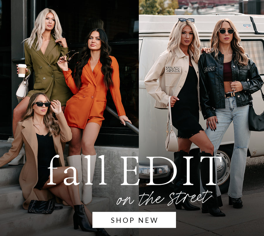 collage of models wearing urban fall outfits in fall jewel tones and neutrals. Headline says "Fall edit on the street" CTA says shop new and links to new arrivals. 