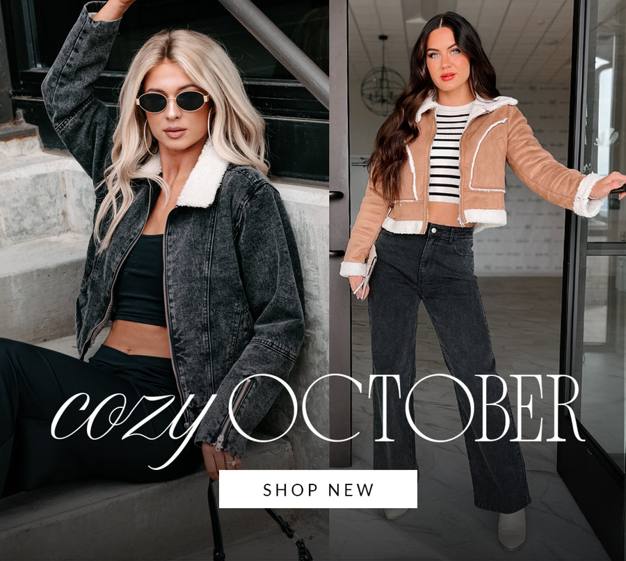 Collage of models wearing fall outfits with jackets vests and cozy tops. Headline says "Cozy October" Call to Action says "Shop Now" and links to New Arrivals. 