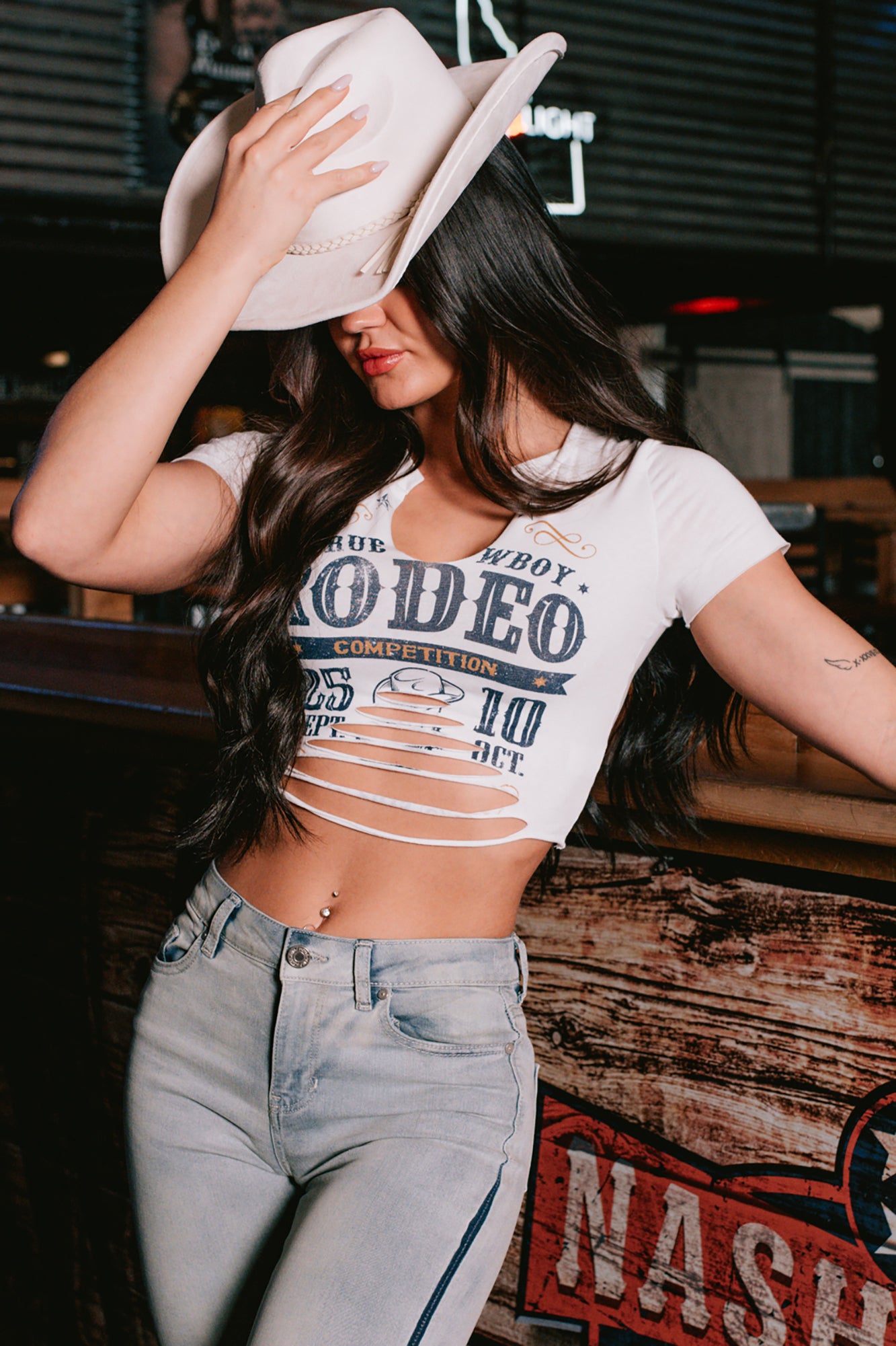 "True Cowboy" Distressed Graphic Crop Tee (Ivory)- Ships By 4/17 - NanaMacs