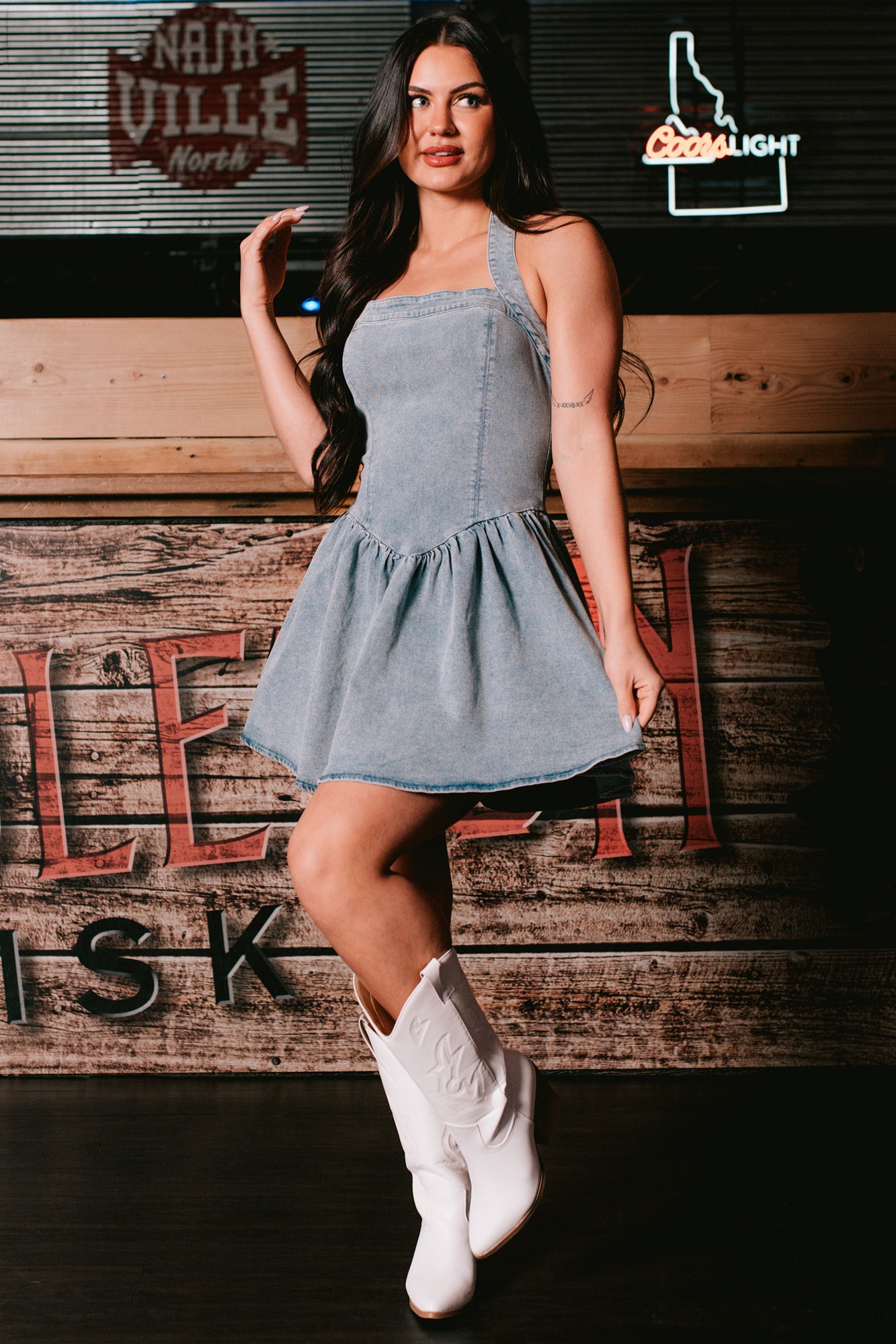 Keeping It Playful Halter Denim Mini Dress (Light) - NanaMacs