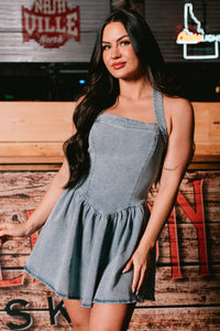 Keeping It Playful Halter Denim Mini Dress (Light) - NanaMacs