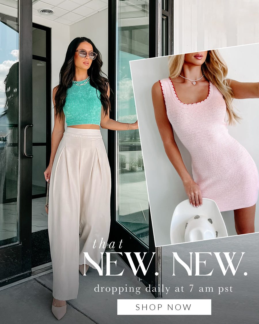 Collage of models wearing athleisure, spring dresses and workwear. Headline says "that NEW. NEW. dropping daily at 7 am pst. Call to action says "shop now" and links to the new arrivals collection.