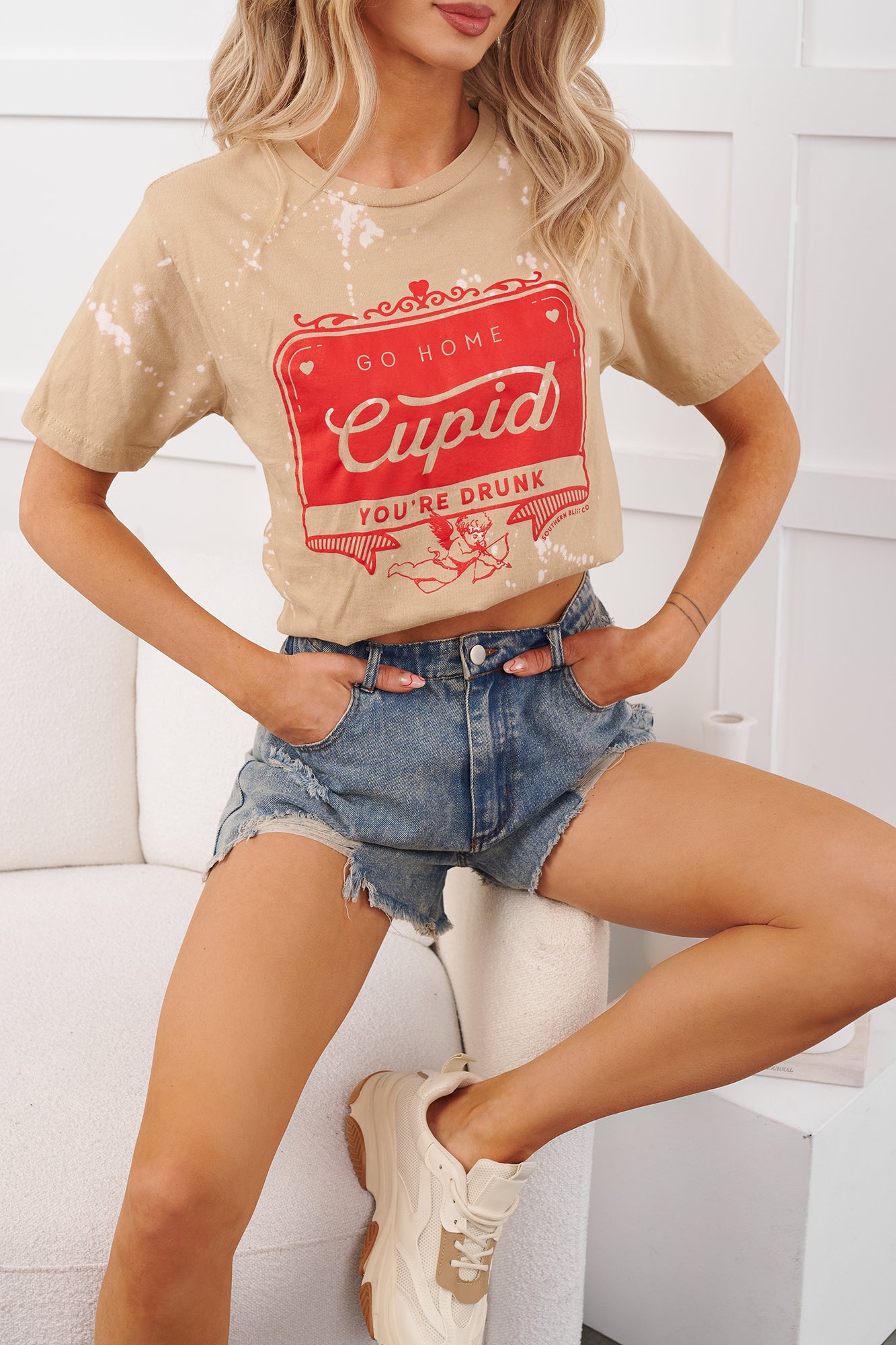 "Go Home Cupid You're Drunk" Graphic T-Shirt (Tan Bleached) - NanaMacs