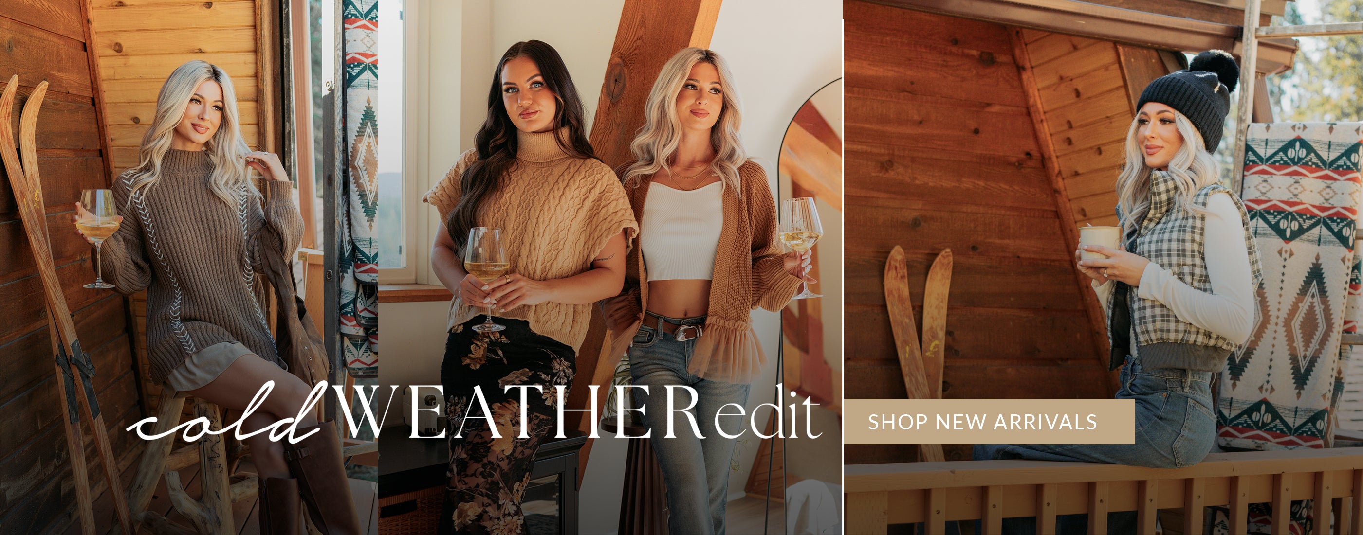 Collage of women in winter clothing with promotional text for 'Cold Weather Edit' and 'Shop New Arrivals'.