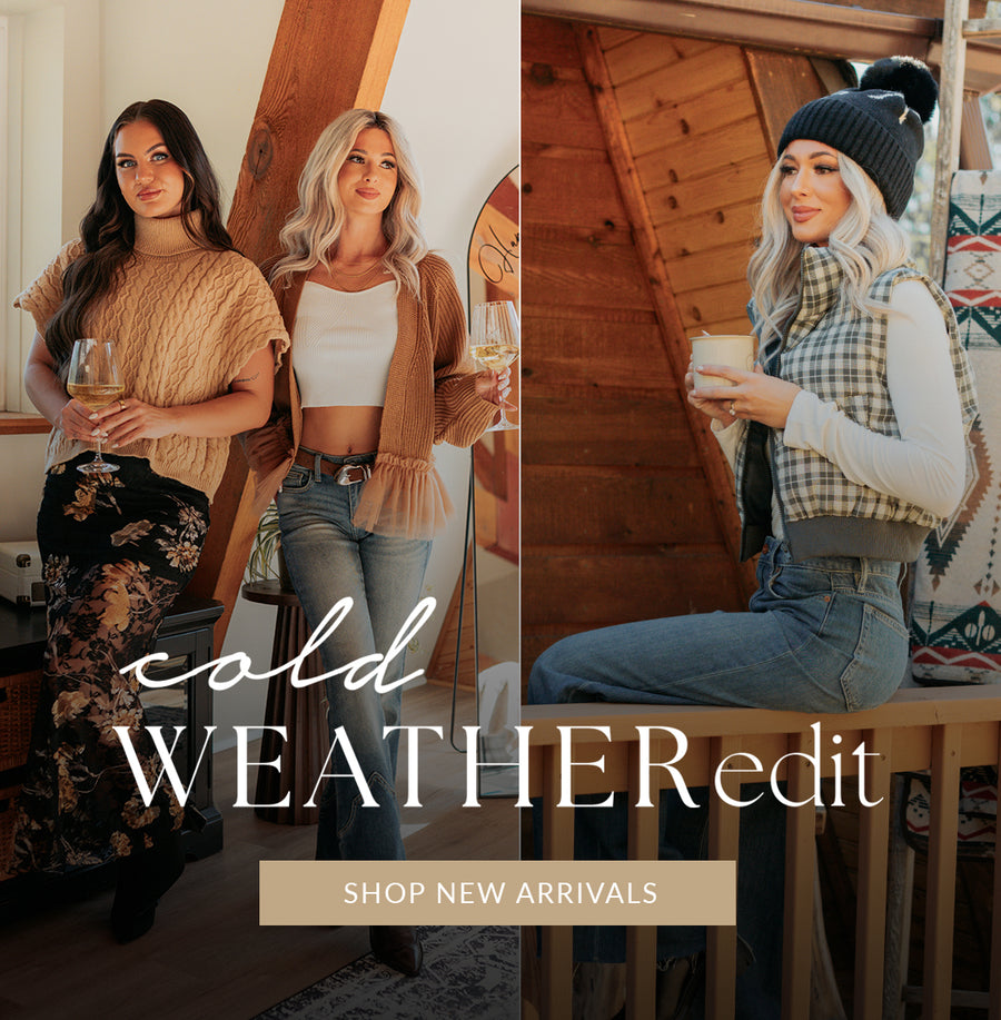 Three women in winter clothing with text 'Cold Weather Edit' and 'Shop New Arrivals'.