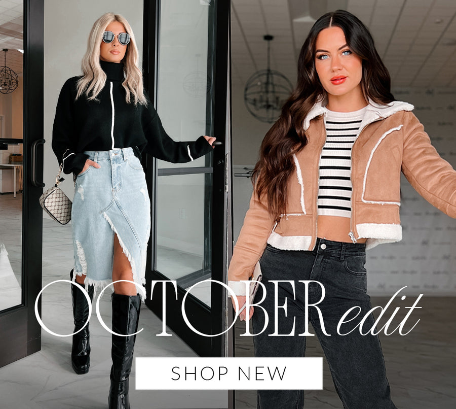 Collage of models wearing fall outfits with jackets vests and cozy tops. Headline says "Cozy October" Call to Action says "Shop Now" and links to New Arrivals. 