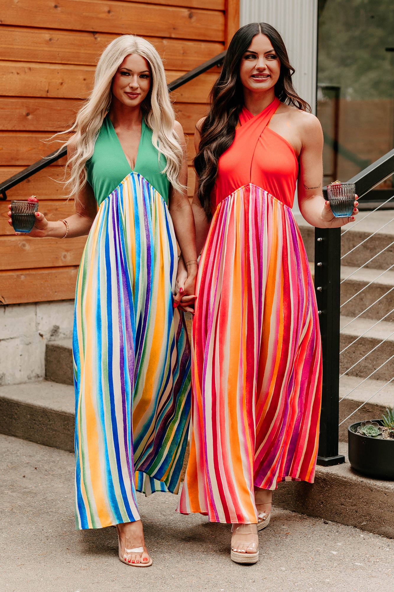 Beauty Awaits Striped Halter Maxi Dress (Tomato Red) - Ships
