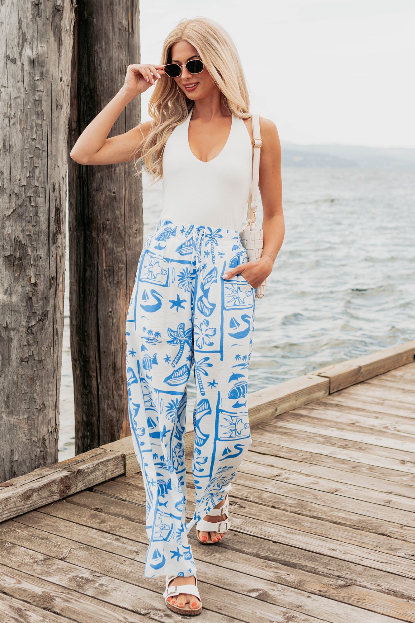 Saltwater Serenade Tropical Pattern Wide Leg Pants (Blue) · NanaMacs