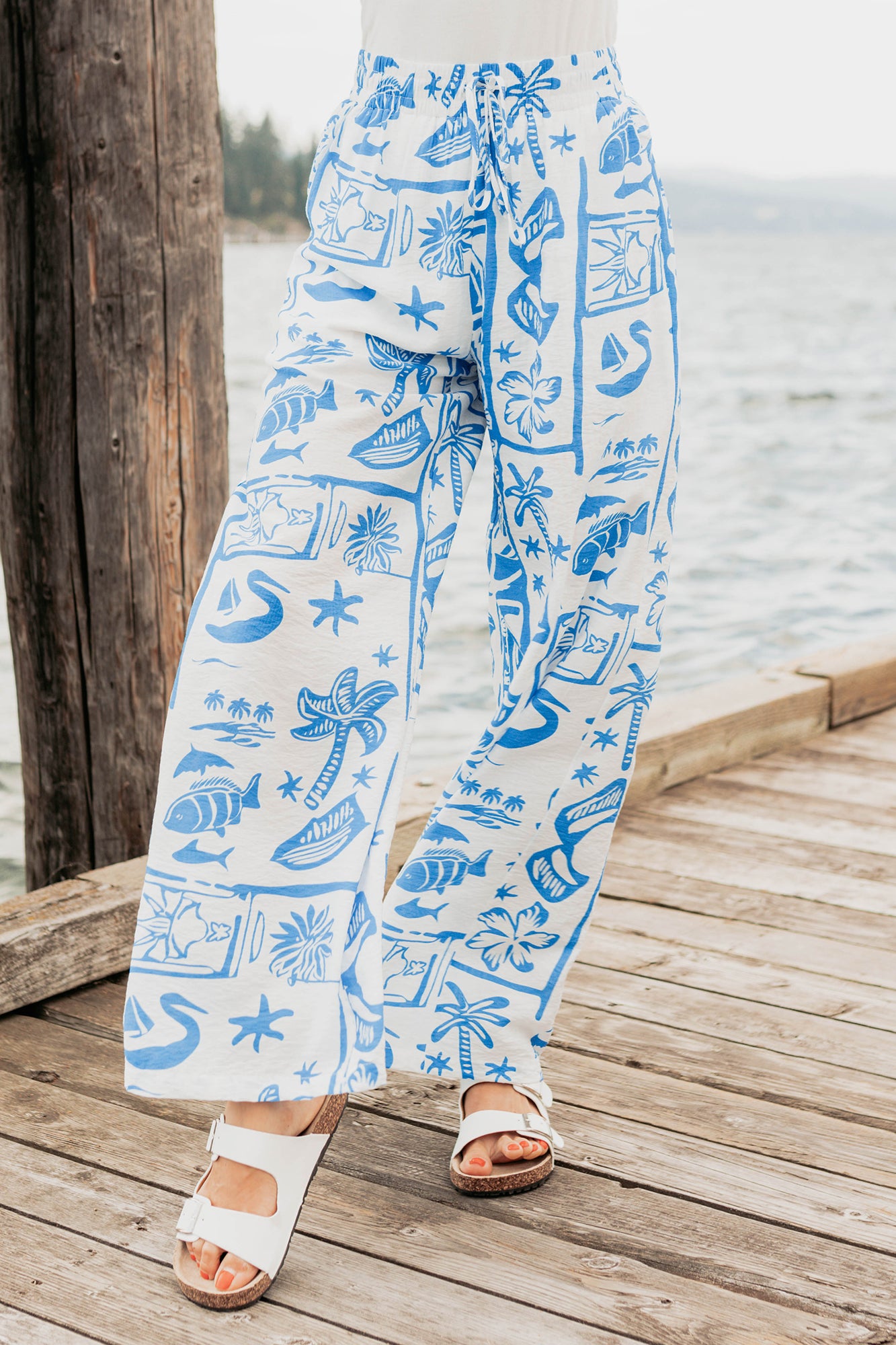Saltwater Serenade Tropical Pattern Wide Leg Pants (Blue) · NanaMacs