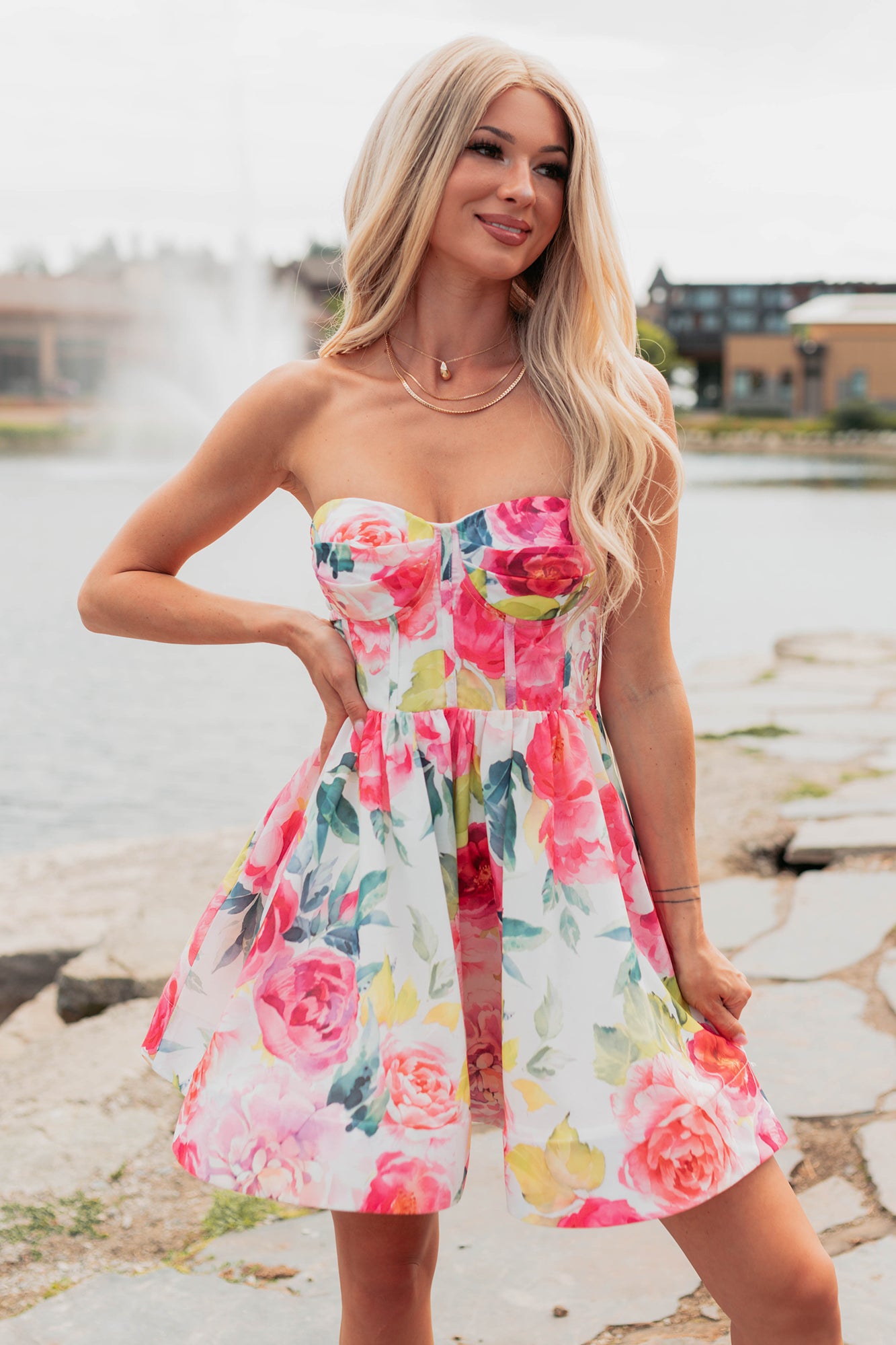 Flora's Garden Strapless Floral Corset Mini Dress (Pink) NanaMacs Flora's Garden Strapless Floral Corset Mini Dress (Pink) NanaMacs