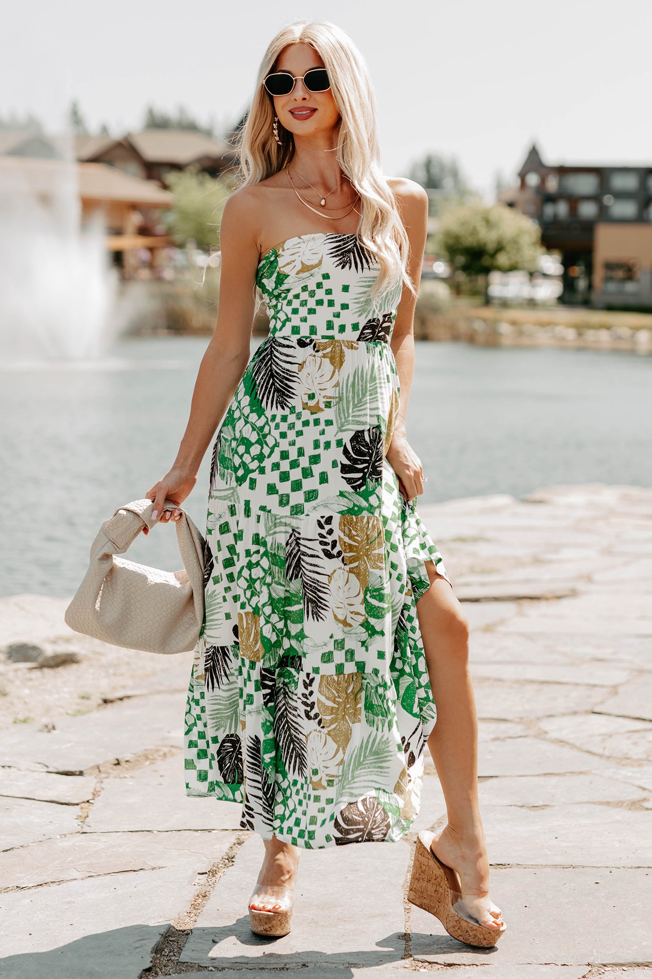 Women's Feel It First Strapless Leaf Print Maxi Dress in Ivory/Green - Size L Women's Feel It First Strapless Leaf Print Maxi Dress in Ivory/Green - Size L