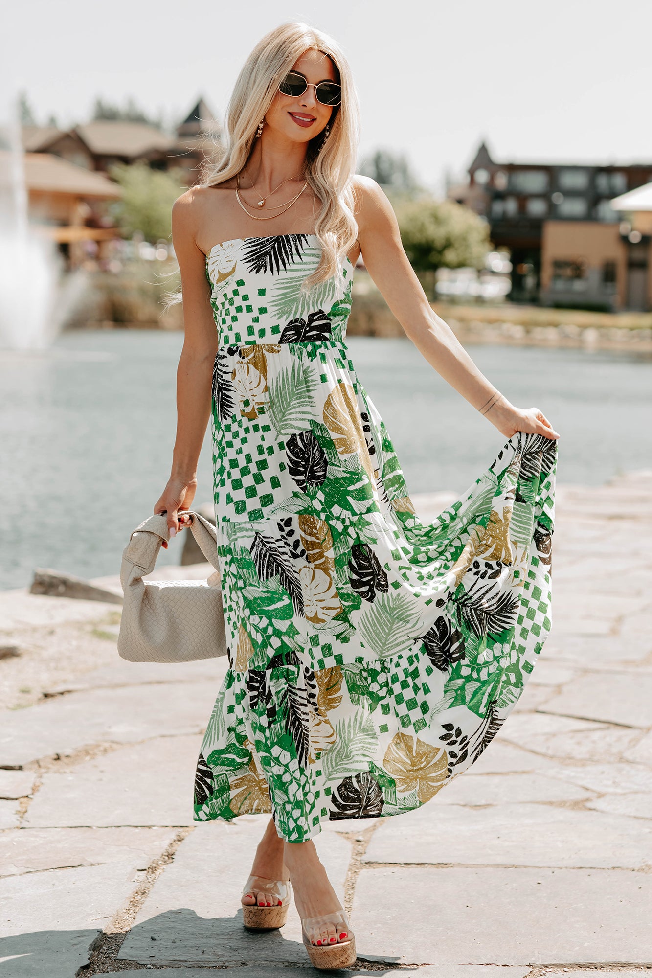 Women's Feel It First Strapless Leaf Print Maxi Dress in Ivory/Green