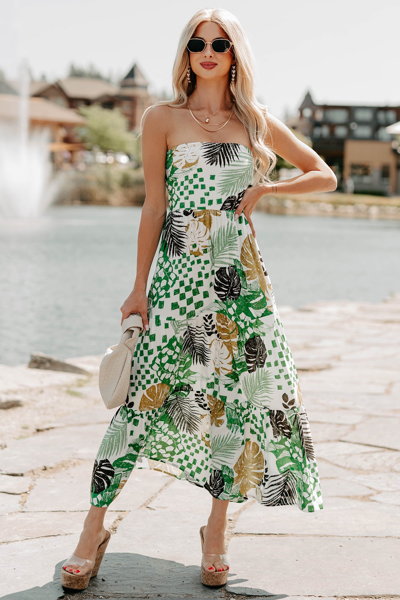 Women's Feel It First Strapless Leaf Print Maxi Dress in Ivory/Green - Size L Women's Feel It First Strapless Leaf Print Maxi Dress in Ivory/Green - Size L