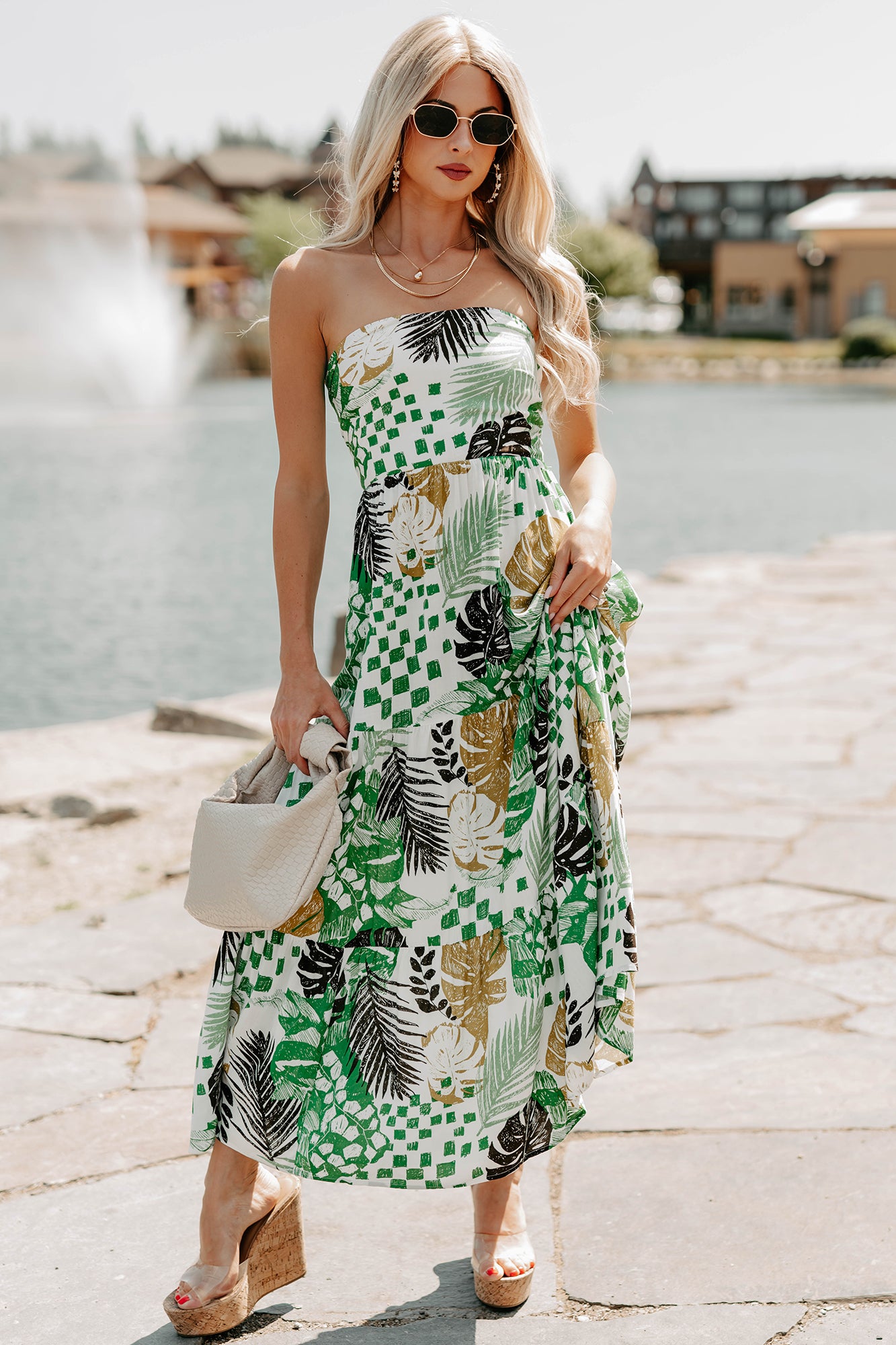 Women's Feel It First Strapless Leaf Print Maxi Dress in Ivory/Green