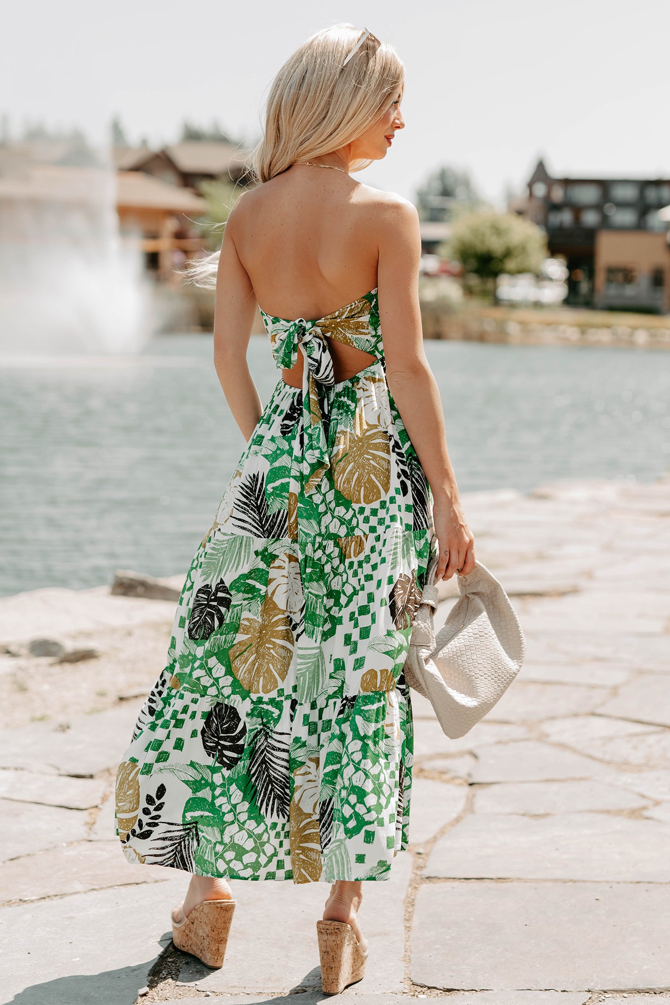 Women's Feel It First Strapless Leaf Print Maxi Dress in Ivory/Green - Size L Women's Feel It First Strapless Leaf Print Maxi Dress in Ivory/Green - Size L