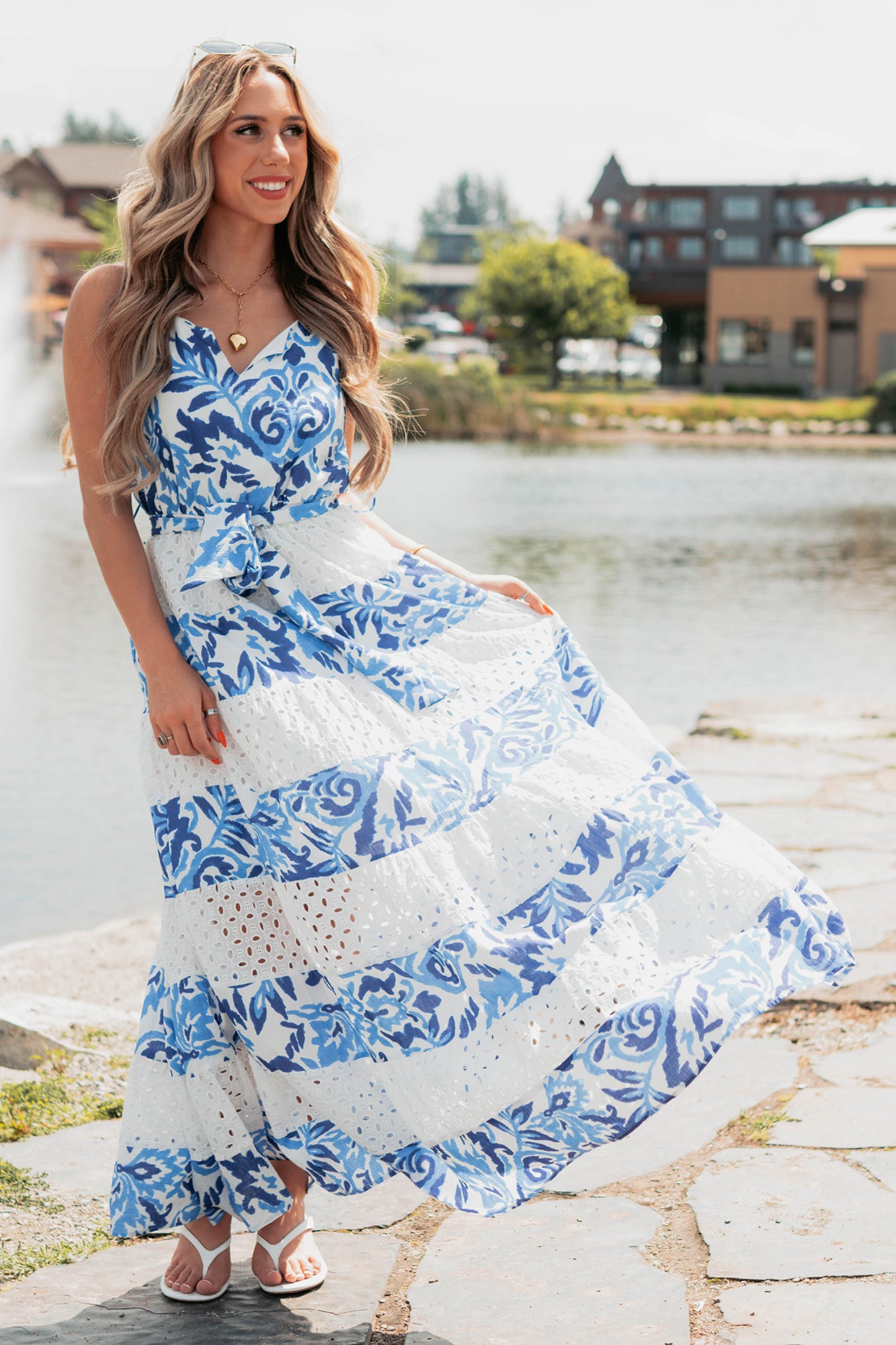 Women's Only Ever You Eyelet Lace Tiered Maxi Dress in Blue