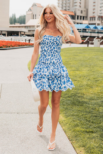 Ran My Way Smocked Floral Mini Dress (White/Blue) - NanaMacs