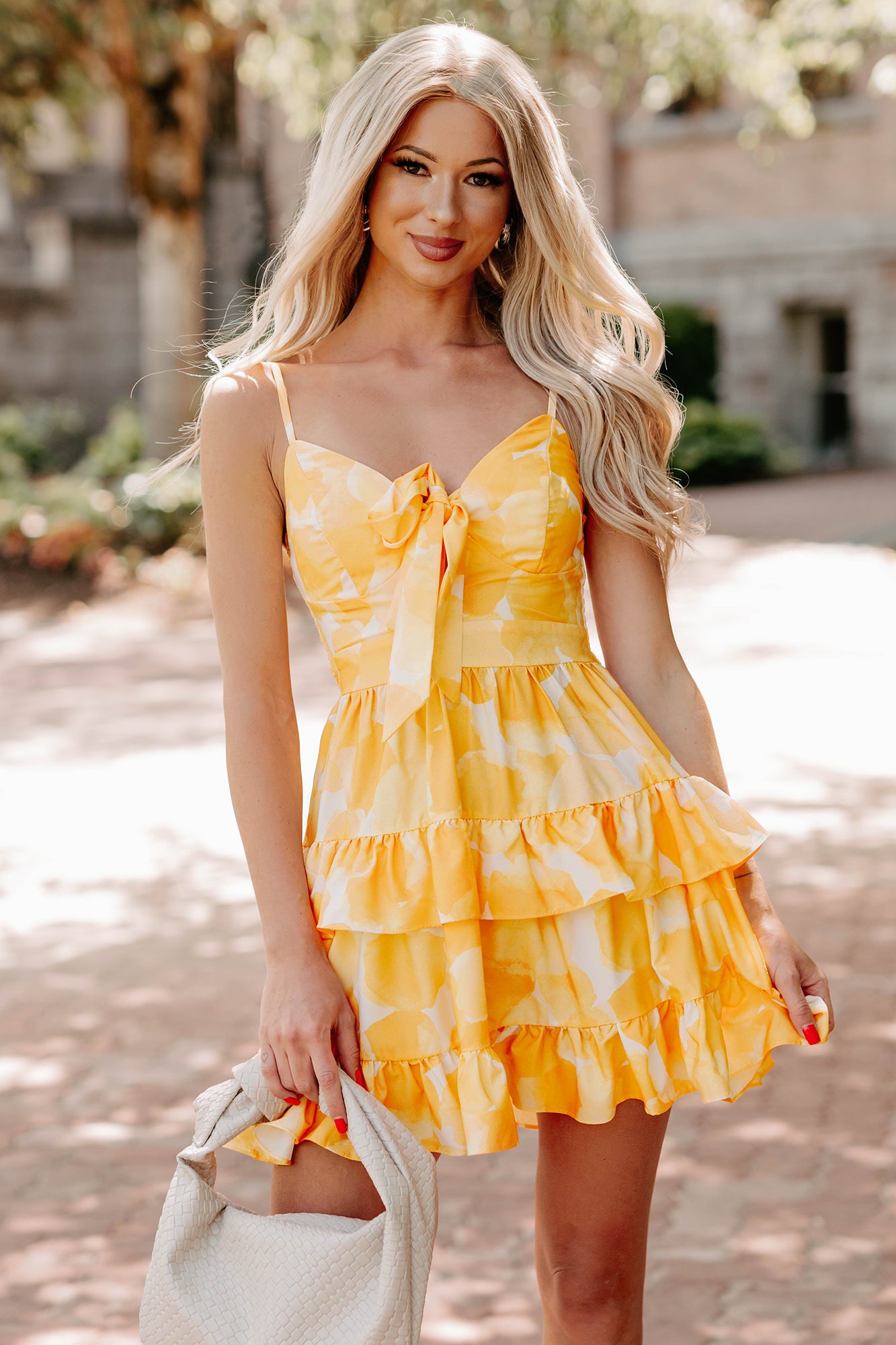yellow bow dress Women's Chasing the Sun Ruffled Print Bow Tie Mini Dress in Lemon