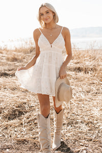 Sun-Kissed Stroll Eyelet Lace Embroidered Mini Dress (White) - NanaMacs