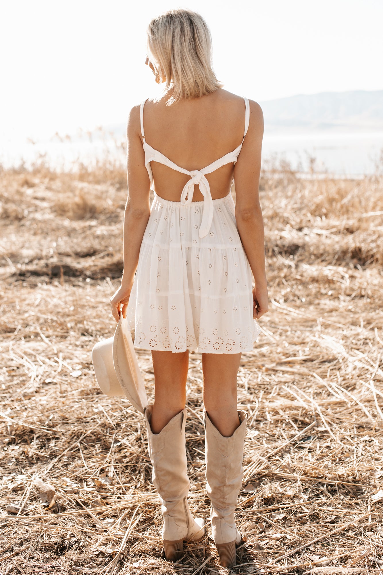 Sun-Kissed Stroll Eyelet Lace Embroidered Mini Dress (White) - NanaMacs