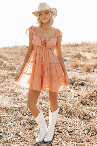 Women's Gentle Nights Lace Sleeveless Mini Dress in Peach - Size S