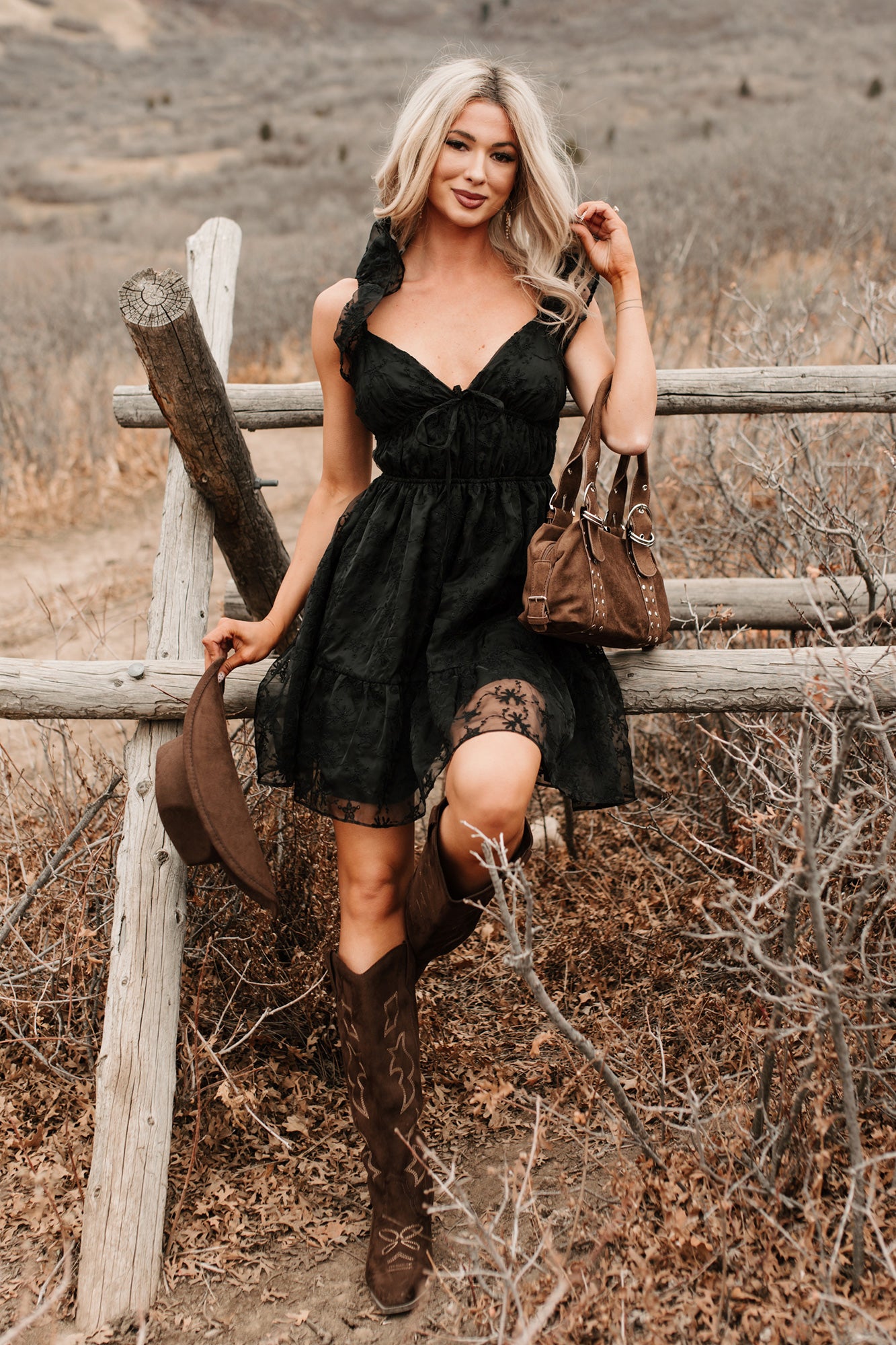 Petals In The Sun Chiffon Embroidered Mini Dress (Black) - NanaMacs