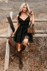 Petals In The Sun Chiffon Embroidered Mini Dress (Black) - NanaMacs