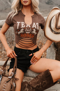 "Texas Rodeo" Distressed Graphic Crop Tee (Deep Brown)
