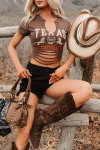 "Texas Rodeo" Distressed Graphic Crop Tee (Deep Brown)