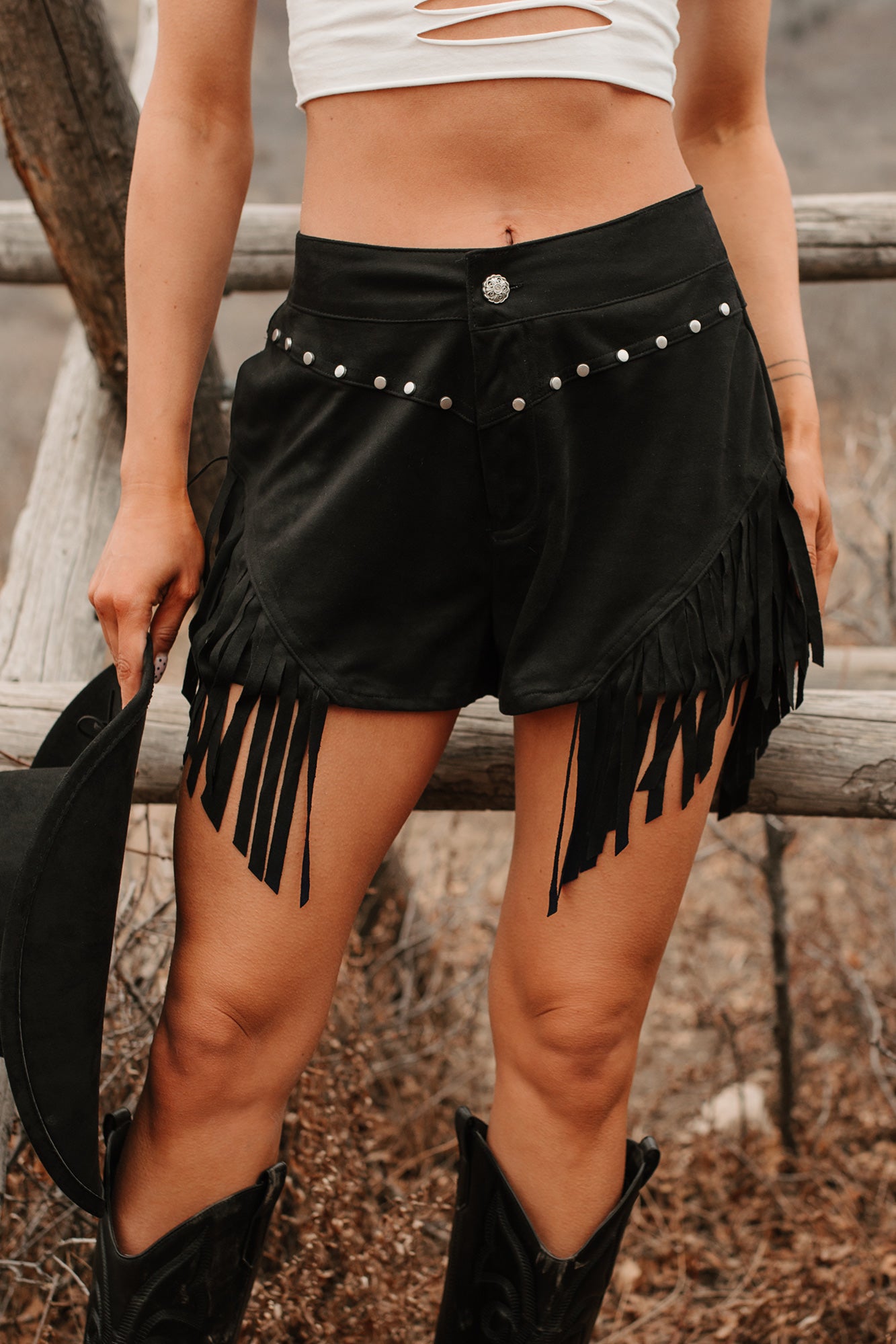 Hats Off Here High Rise Suede Fringe Shorts (Black) - NanaMacs