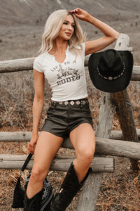 "Life Is A Rodeo" Ribbed Western Graphic Tee (White/Grey)