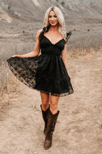 Petals In The Sun Chiffon Embroidered Mini Dress (Black) - NanaMacs