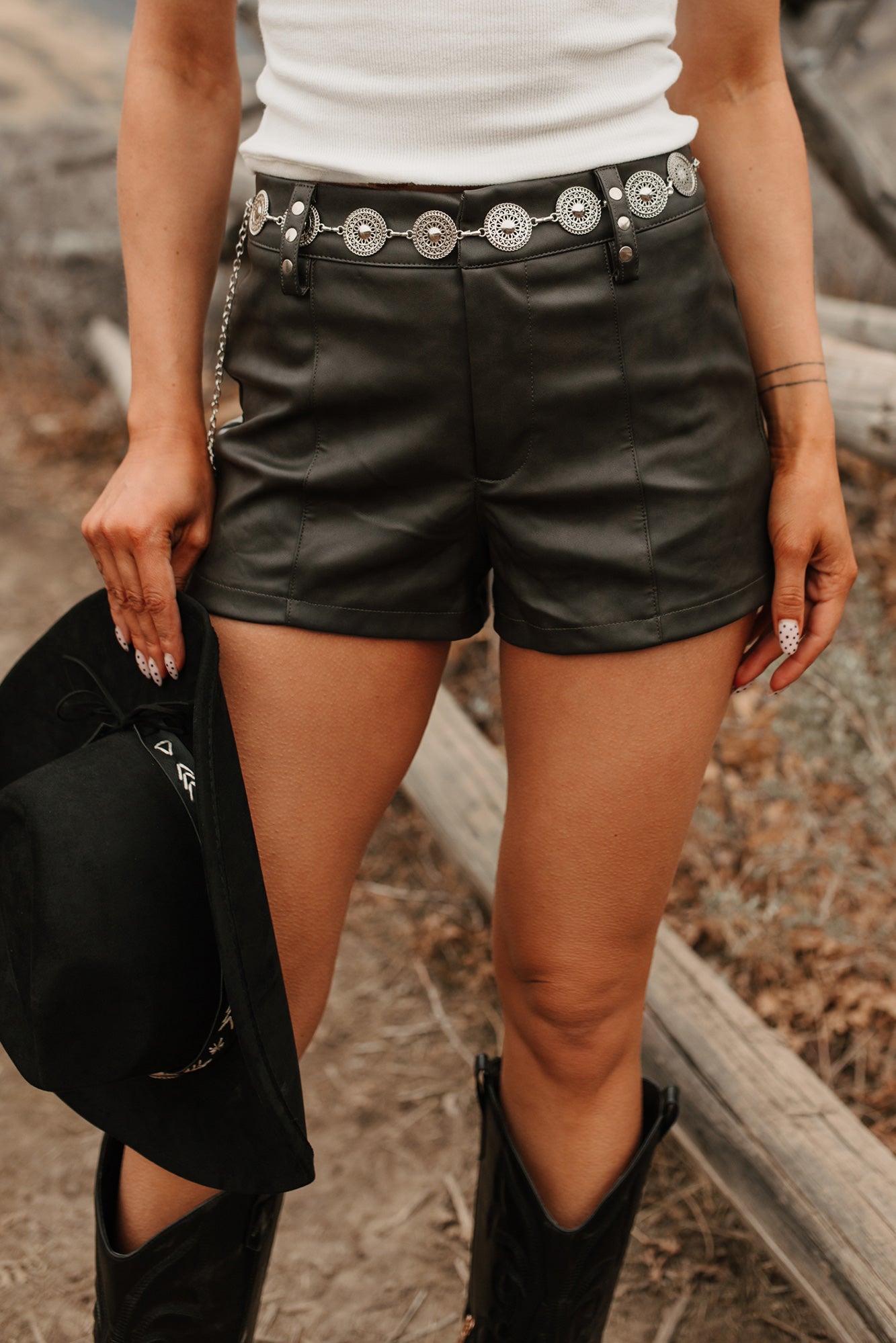 Bold Stand Western Belt Faux Leather Shorts (Smoke Ash)