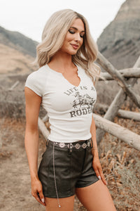 "Life Is A Rodeo" Ribbed Western Graphic Tee (White/Grey)