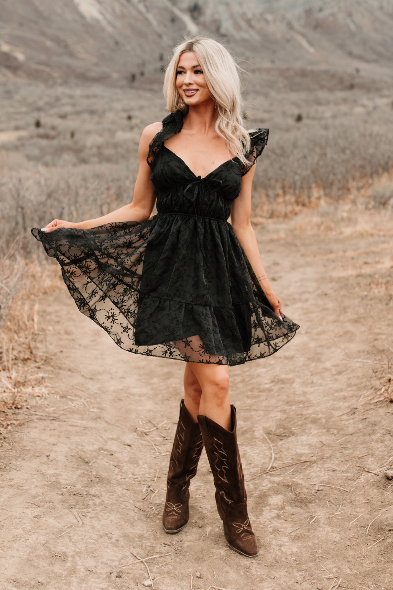 Petals In The Sun Chiffon Embroidered Mini Dress (Black) - NanaMacs