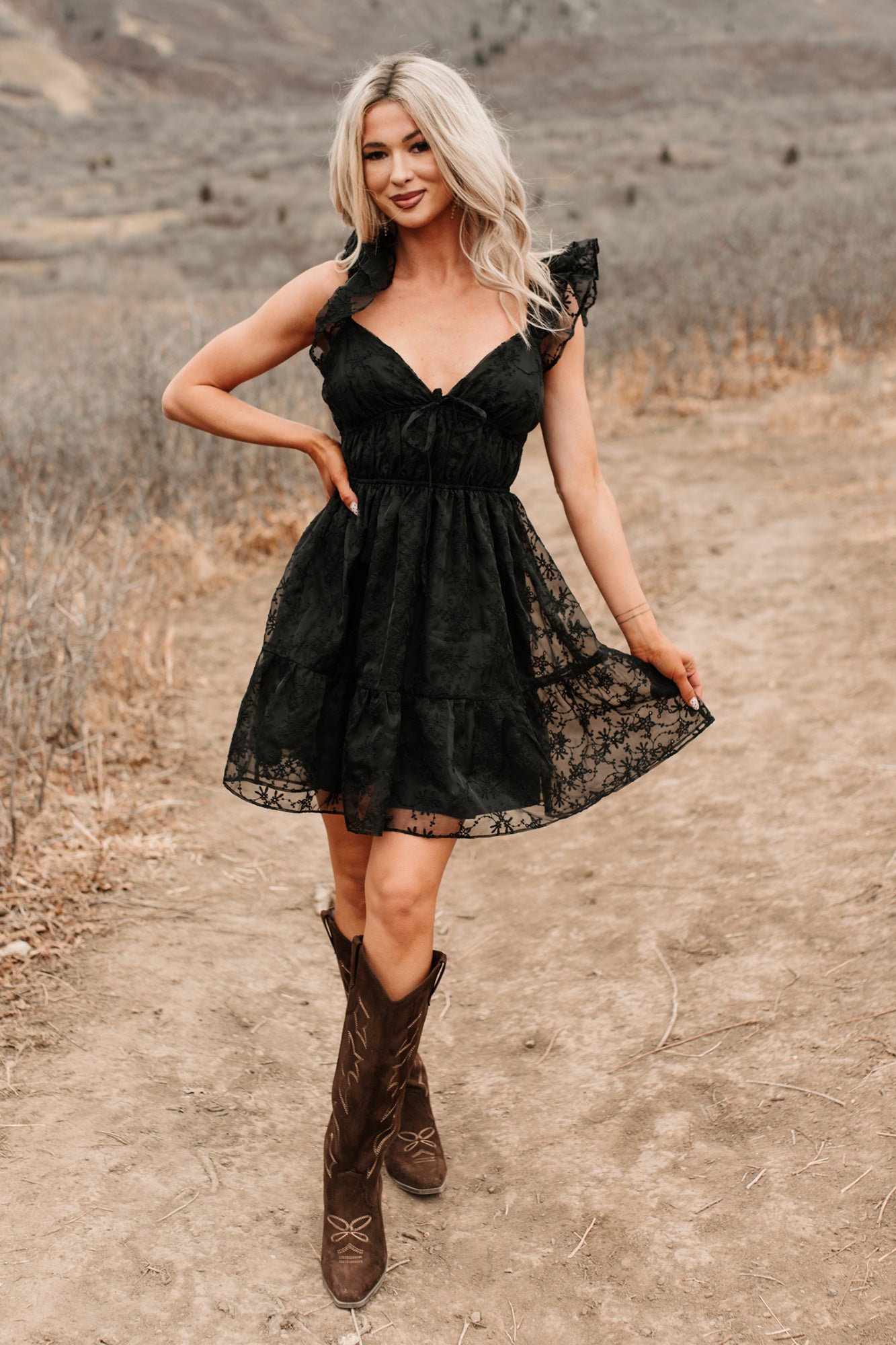 Petals In The Sun Chiffon Embroidered Mini Dress (Black) - NanaMacs