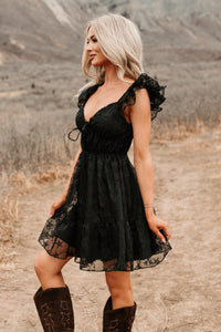 Petals In The Sun Chiffon Embroidered Mini Dress (Black) - NanaMacs