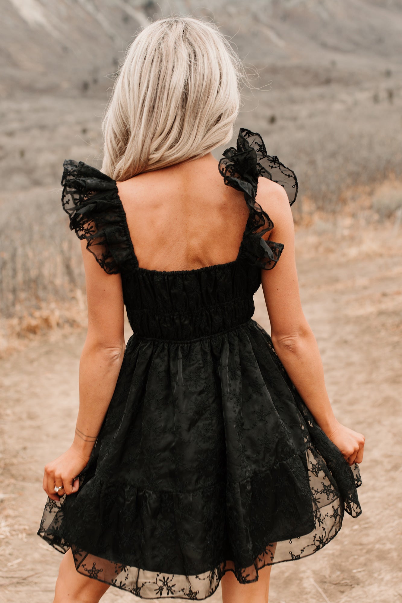 Petals In The Sun Chiffon Embroidered Mini Dress (Black) - NanaMacs