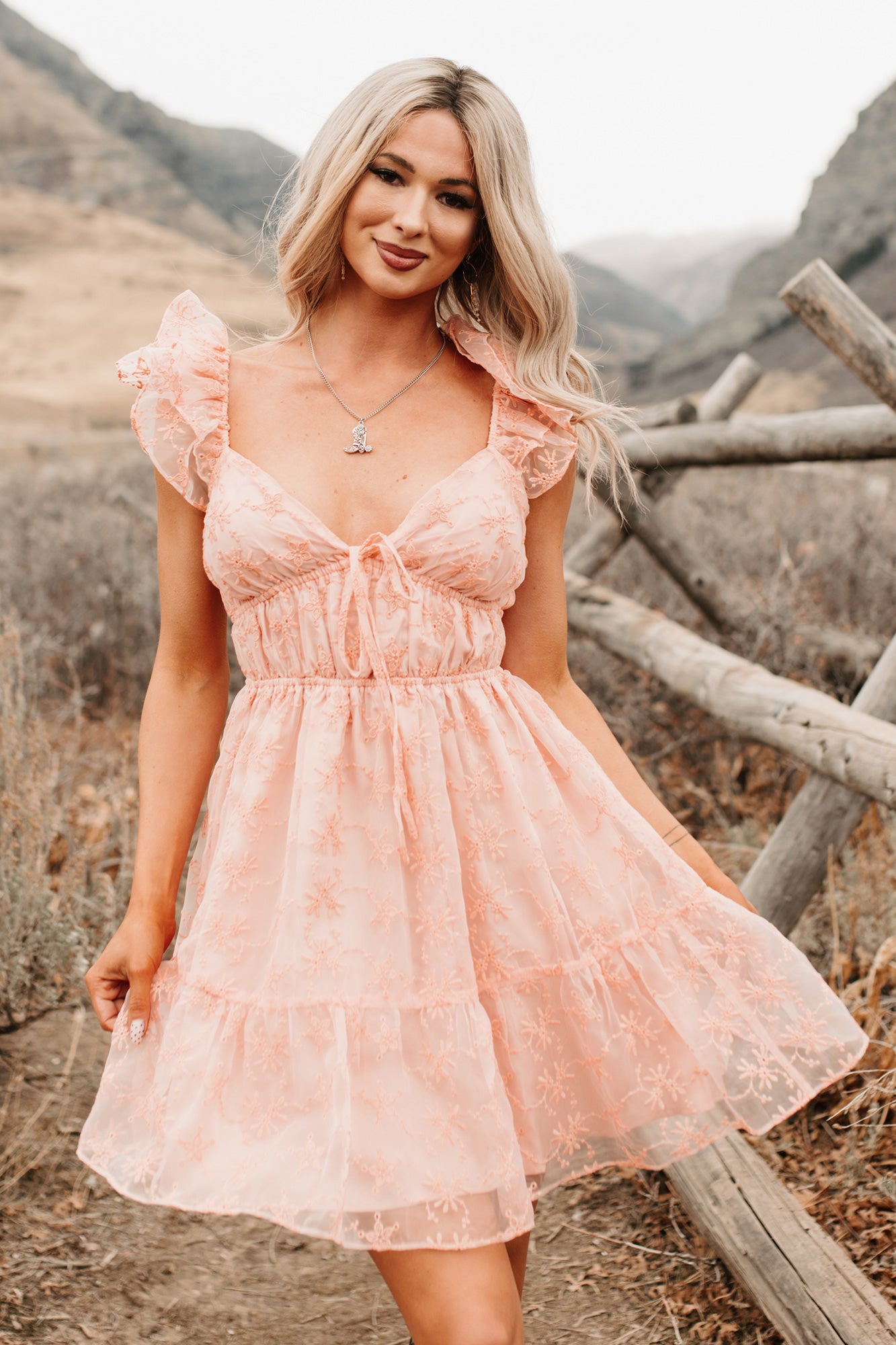 Petals In The Sun Chiffon Embroidered Mini Dress (Coral) - NanaMacs