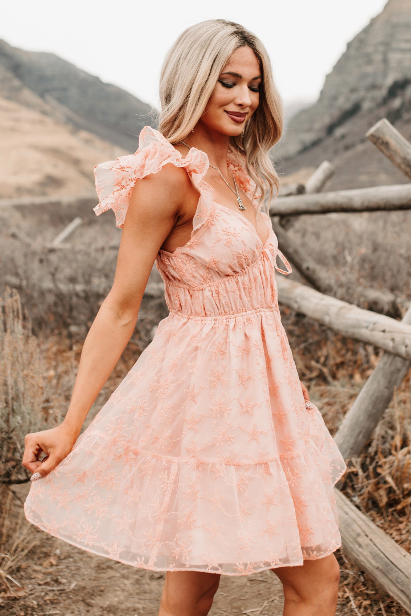 Petals In The Sun Chiffon Embroidered Mini Dress (Coral) - NanaMacs