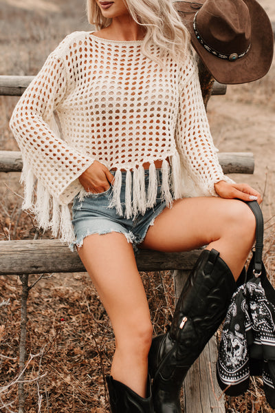 Open Skies Boatneck Crochet Sweater Fringe Top (Cream)
