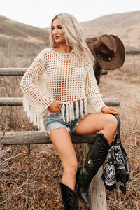 Open Skies Boatneck Crochet Sweater Fringe Top (Cream) - NanaMacs