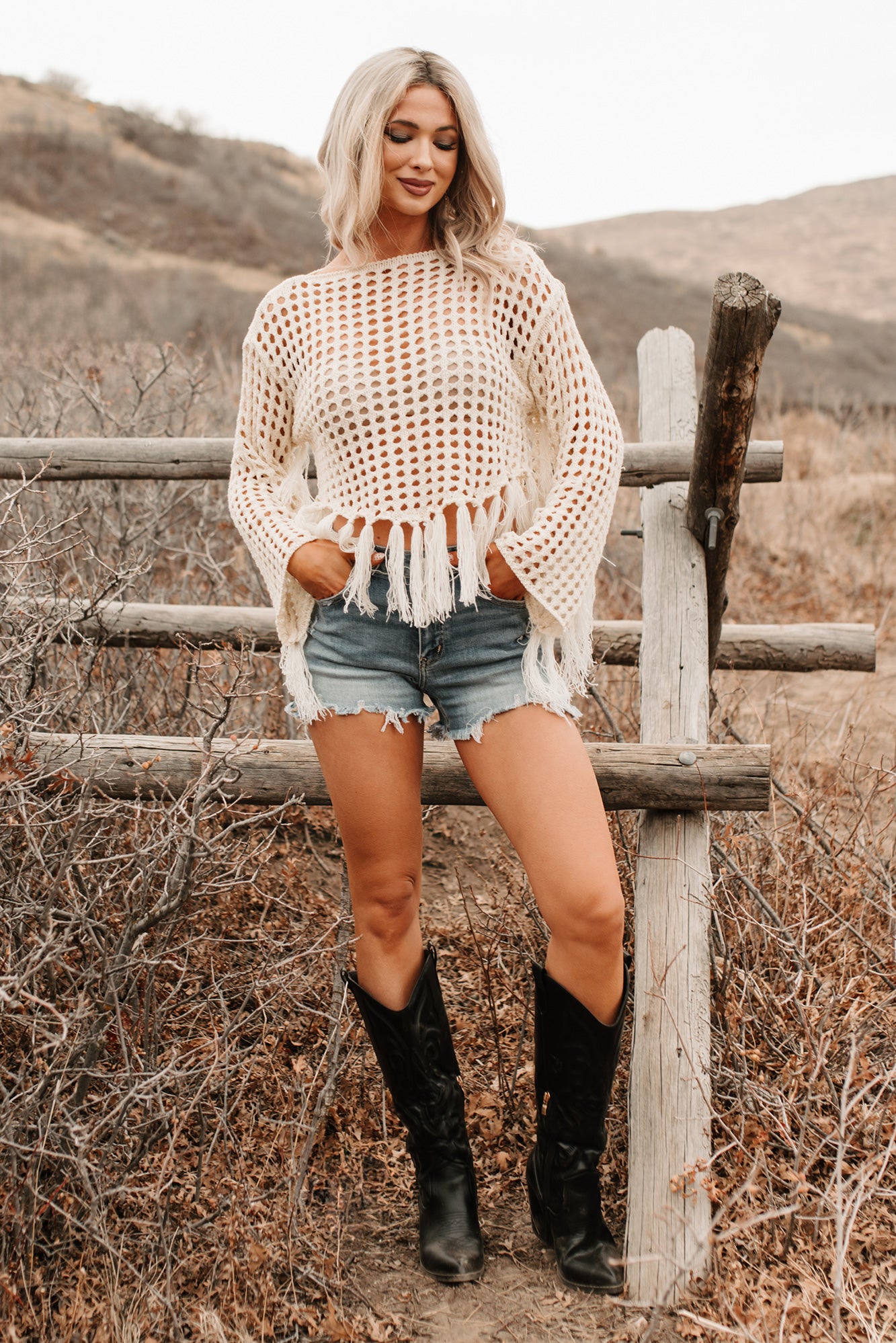 Open Skies Boatneck Crochet Sweater Fringe Top (Cream) - NanaMacs