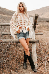 Open Skies Boatneck Crochet Sweater Fringe Top (Cream) - NanaMacs