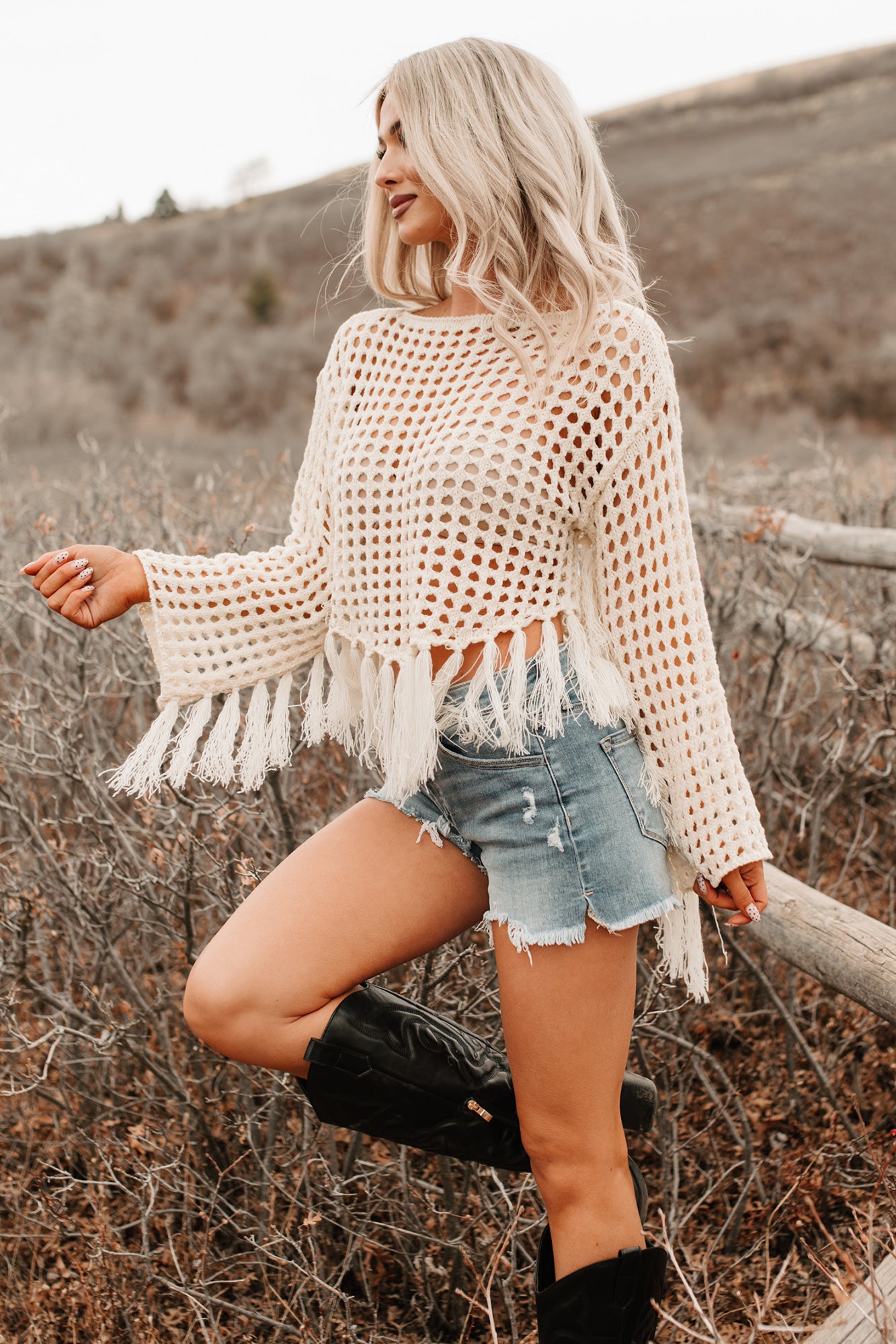 Open Skies Boatneck Crochet Sweater Fringe Top (Cream) - NanaMacs