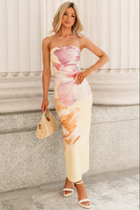 Worth The Stares Floral Strapless Midi Dress (Lemon)