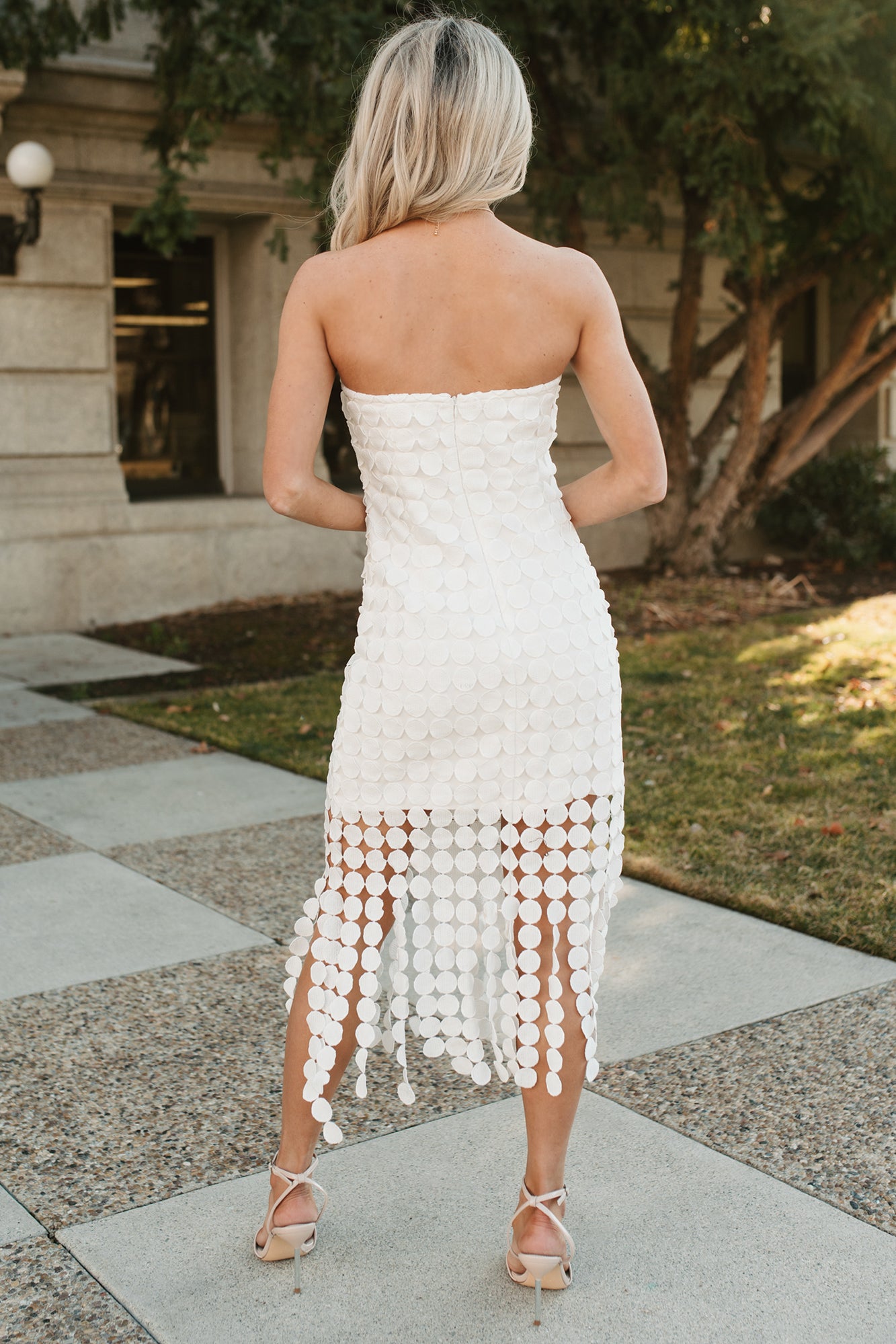 White Circle Lace Fringe Overlay Strapless Mini Dress White Circle Lace Fringe Overlay Strapless Mini Dress