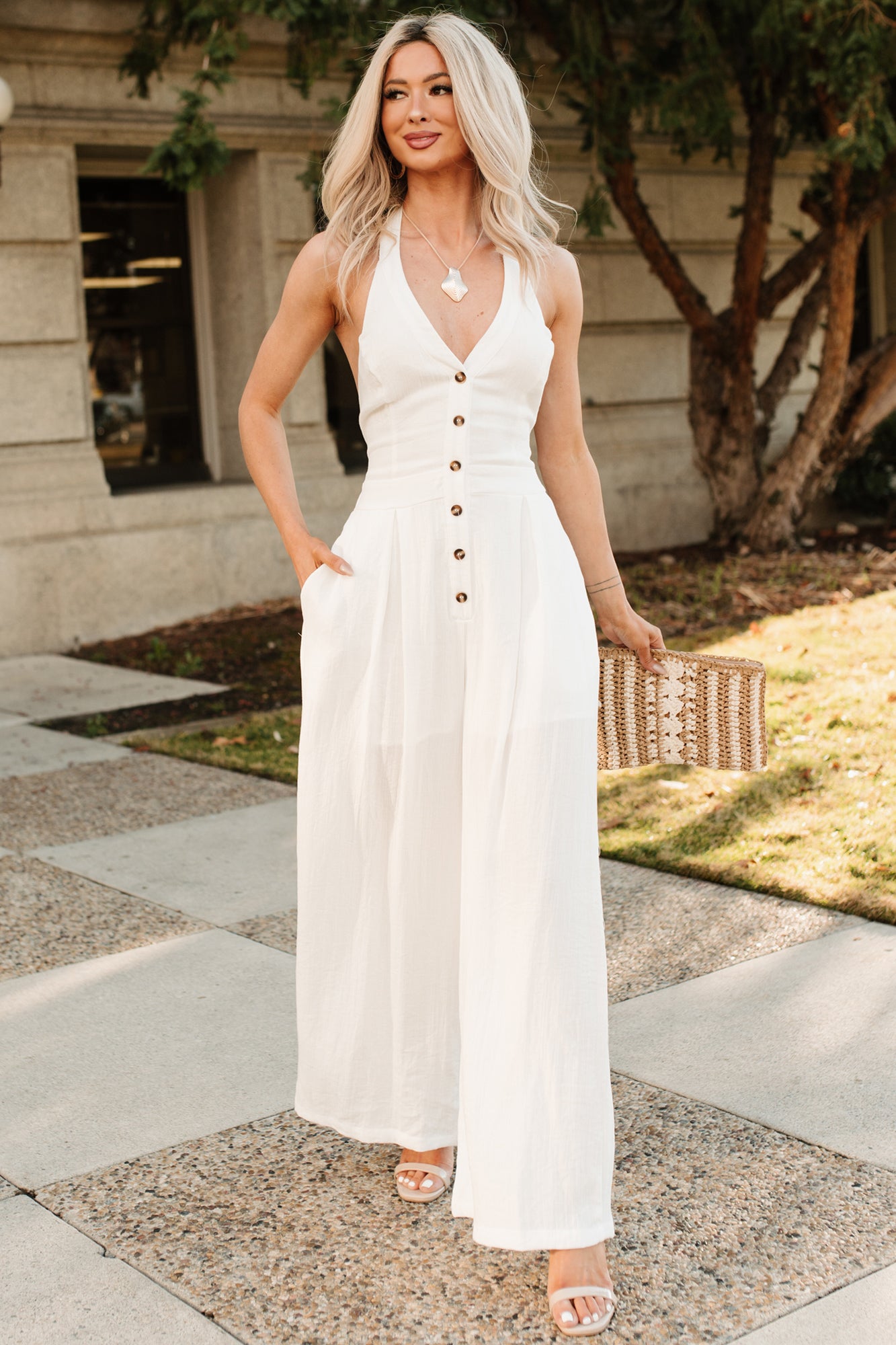 Sweet Like Spring Halter Neck Jumpsuit (White) - NanaMacs