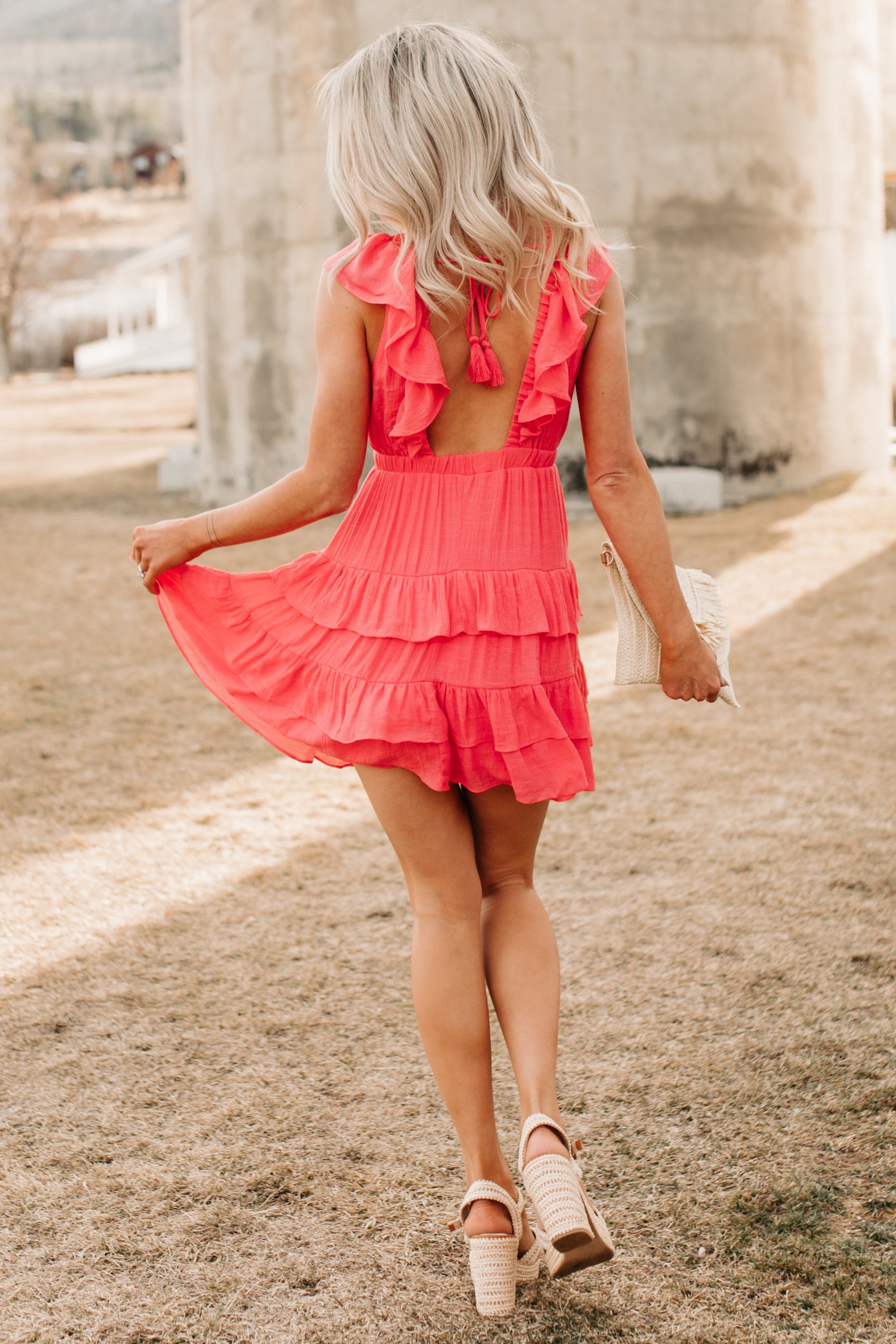 HYFVE Women's Buttercup Babe Deep V-Neck Ruffle Mini Dress in Coral Red HYFVE Women's Buttercup Babe Deep V-Neck Ruffle Mini Dress in Coral Red